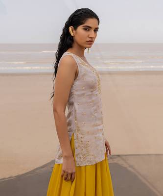 Ivory V Neck Jaal Organza Kurti With Ivory Bralette And Mustard Kalidar Palazzo With Corner Embroidered Butti Dupatta 4