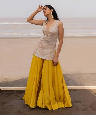 Ivory V Neck Jaal Organza Kurti With Ivory Bralette And Mustard Kalidar Palazzo With Corner Embroidered Butti Dupatta 1