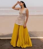 Ivory V Neck Jaal Organza Kurti With Ivory Bralette And Mustard Kalidar Palazzo With Corner Embroidered Butti Dupatta