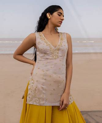 Ivory V Neck Jaal Organza Kurti With Ivory Bralette And Mustard Kalidar Palazzo With Corner Embroidered Butti Dupatta 5