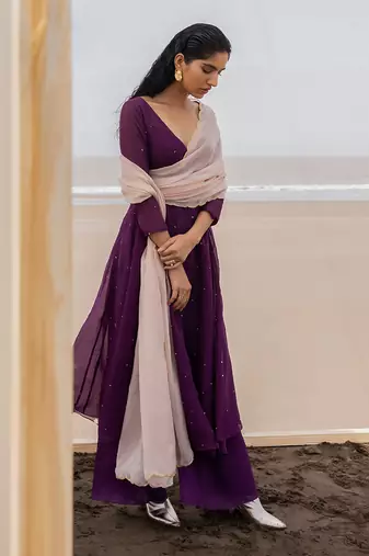 Purple Chitta Embroidered Angrakha With Bralette And A Palazzo