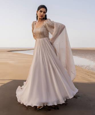 Ivory Line Bell Sleeve Embroidery Anarkali With Butti Scallop Dupatta 1
