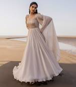 Ivory Line Bell Sleeve Embroidery Anarkali With Butti Scallop Dupatta