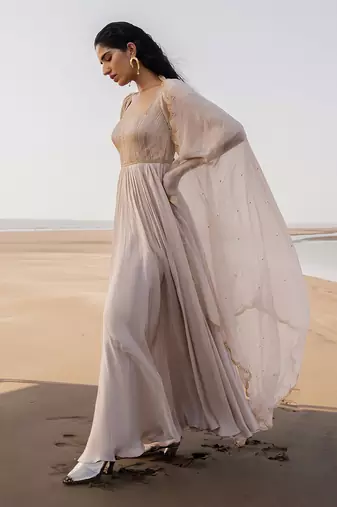 Ivory Line Bell Sleeve Embroidery Anarkali With Butti Scallop Dupatta