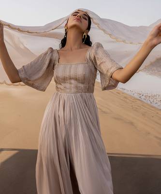Ivory Line Bell Sleeve Embroidery Anarkali With Butti Scallop Dupatta 5