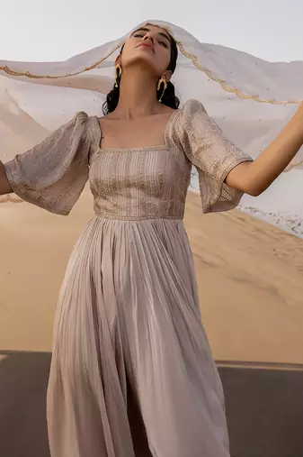 Ivory Line Bell Sleeve Embroidery Anarkali With Butti Scallop Dupatta