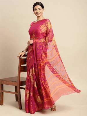 Pink printed brasso saree with blouse 1