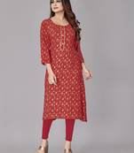 Designer Mill & Foil Printed Ethnic Kurti In Beautiful Red Colour For Casual Party Looks