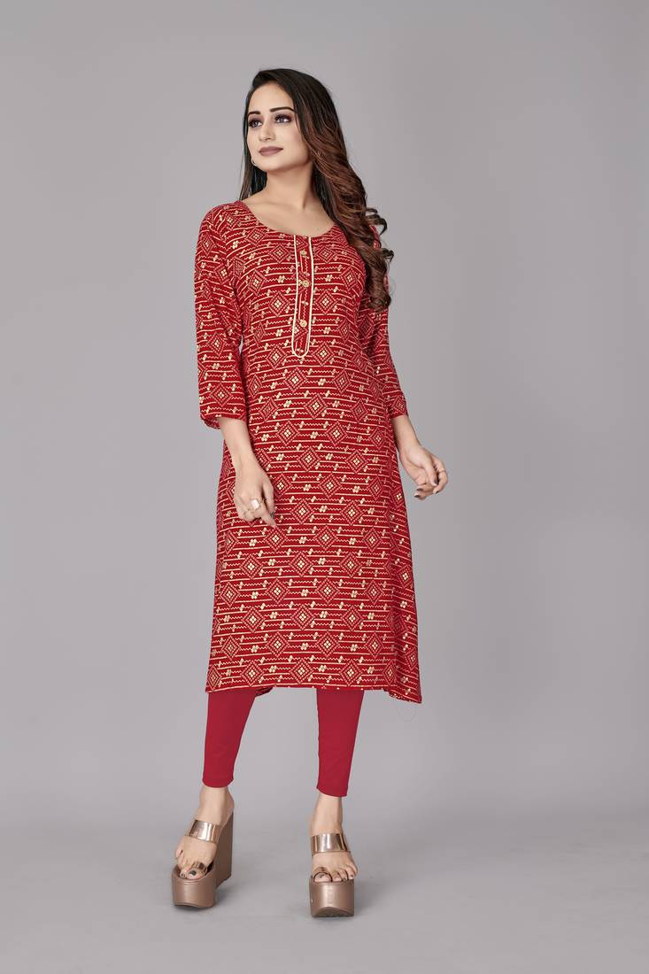 Designer Mill & Foil Printed Ethnic Kurti In Beautiful Red Colour For Casual Party Looks