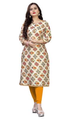 Designer Mill & Foil Printed Ethnic Kurti In Beautiful Cream Colour In Rayon Fabric For Casual Party Looks 1