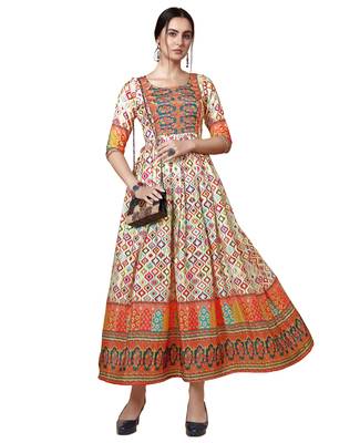 Designer Digital Printed Cream Colour Chinon Fabric Girlish Kurti 1