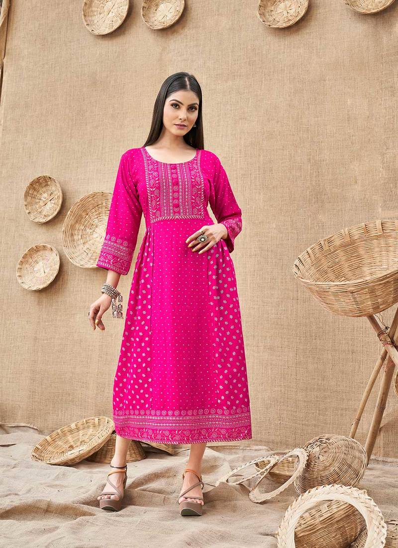 Amazing Girlish Designer Foil Printed Pink Colour Kurti In Rayon Fabric