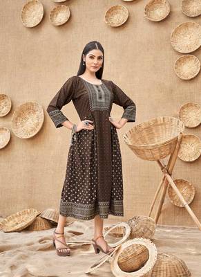 Amazing Girlish Designer Foil Printed Coffee Colour Kurti In Rayon Fabric 1