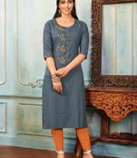 Casual Office Wear Designer Hand Work Grey Colour Kurti In Galaxi Cotton Fabric