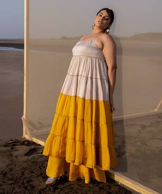 IVORY+MUSTARD 6 LAYER CUTDANA LINE TIER DRESS WITH MUSTARD PALAZZO 2