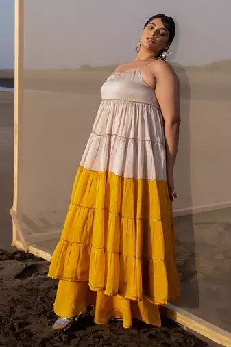 IVORY+MUSTARD 6 LAYER CUTDANA LINE TIER DRESS WITH MUSTARD PALAZZO