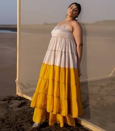 IVORY+MUSTARD 6 LAYER CUTDANA LINE TIER DRESS WITH MUSTARD PALAZZO
