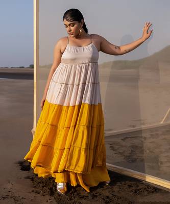 IVORY+MUSTARD 6 LAYER CUTDANA LINE TIER DRESS WITH MUSTARD PALAZZO 1