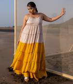 IVORY+MUSTARD 6 LAYER CUTDANA LINE TIER DRESS WITH MUSTARD PALAZZO