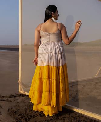 IVORY+MUSTARD 6 LAYER CUTDANA LINE TIER DRESS WITH MUSTARD PALAZZO 3