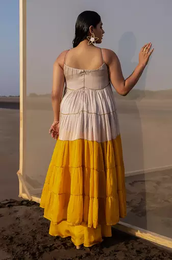 IVORY+MUSTARD 6 LAYER CUTDANA LINE TIER DRESS WITH MUSTARD PALAZZO