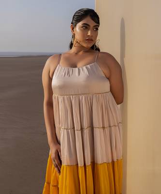 IVORY+MUSTARD 6 LAYER CUTDANA LINE TIER DRESS WITH MUSTARD PALAZZO 4