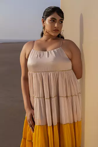 IVORY+MUSTARD 6 LAYER CUTDANA LINE TIER DRESS WITH MUSTARD PALAZZO