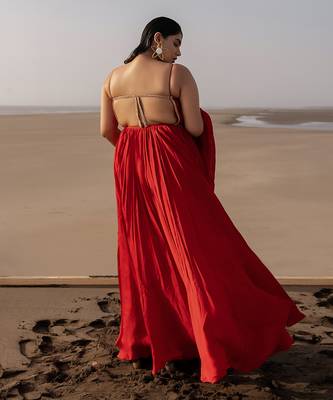 Red Backless Anarkali In Line Embroidery With Border Dupatta 2