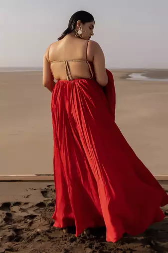Red Backless Anarkali In Line Embroidery With Border Dupatta