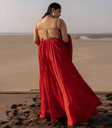 Red Backless Anarkali In Line Embroidery With Border Dupatta