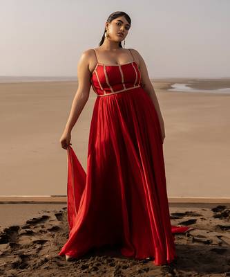 Red Backless Anarkali In Line Embroidery With Border Dupatta 1