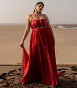 Red Backless Anarkali In Line Embroidery With Border Dupatta