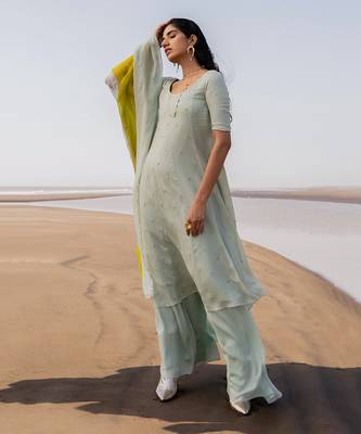 Mint Blue Crepe Chitta Kalidar Kurta With Flared Palazzo And 2 Color Embroidered Dupatta 1
