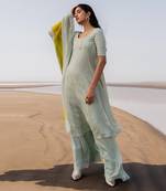 Mint Blue Crepe Chitta Kalidar Kurta With Flared Palazzo And 2 Color Embroidered Dupatta