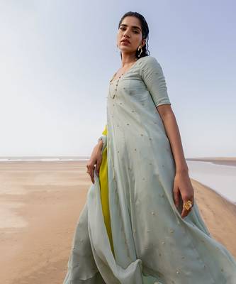 Mint Blue Crepe Chitta Kalidar Kurta With Flared Palazzo And 2 Color Embroidered Dupatta 2