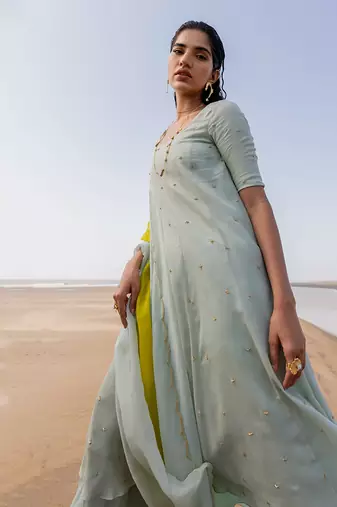Mint Blue Crepe Chitta Kalidar Kurta With Flared Palazzo And 2 Color Embroidered Dupatta