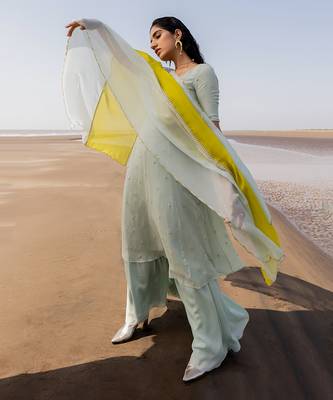 Mint Blue Crepe Chitta Kalidar Kurta With Flared Palazzo And 2 Color Embroidered Dupatta 3