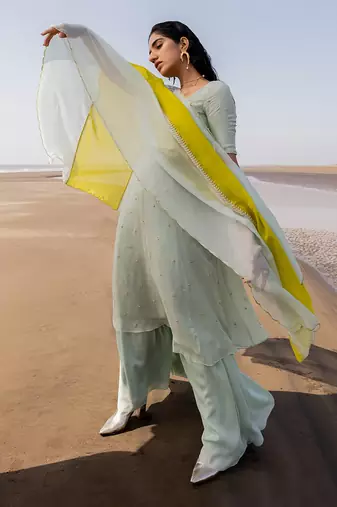 Mint Blue Crepe Chitta Kalidar Kurta With Flared Palazzo And 2 Color Embroidered Dupatta