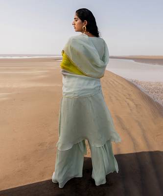Mint Blue Crepe Chitta Kalidar Kurta With Flared Palazzo And 2 Color Embroidered Dupatta 4