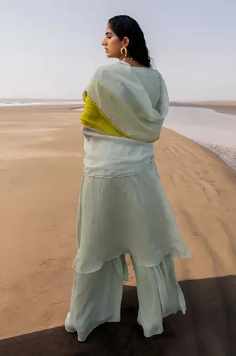 Mint Blue Crepe Chitta Kalidar Kurta With Flared Palazzo And 2 Color Embroidered Dupatta