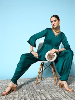 Teal-green plain silk ethnic-kurtis 1