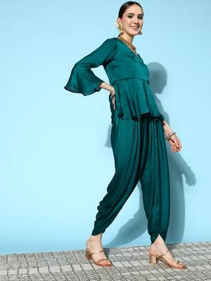 Teal-green plain silk ethnic-kurtis 3