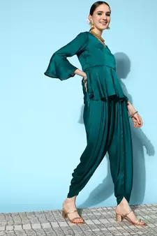 Teal-green plain silk ethnic-kurtis