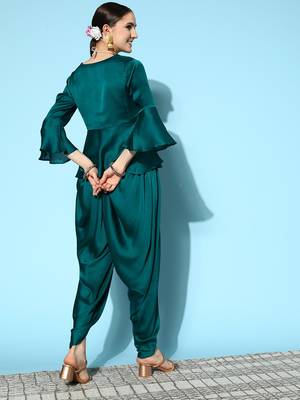 Teal-green plain silk ethnic-kurtis 4
