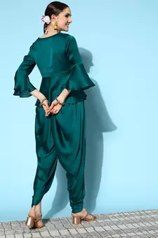 Teal-green plain silk ethnic-kurtis