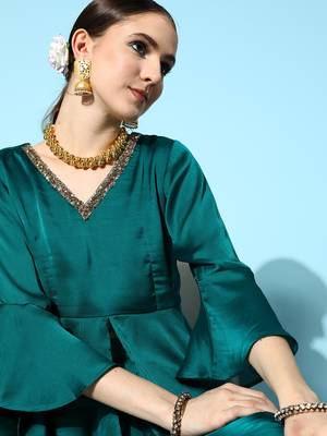 Teal-green plain silk ethnic-kurtis 5