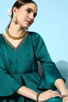 Teal-green plain silk ethnic-kurtis