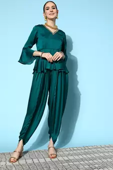 Teal-green plain silk ethnic-kurtis
