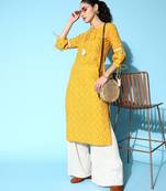 Yellow printed cotton kurtas-and-kurtis