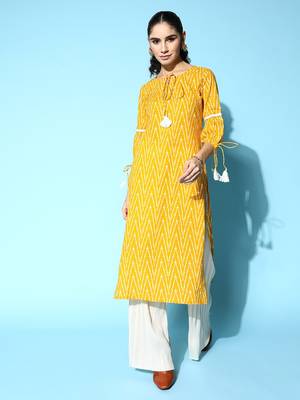 Yellow printed cotton kurtas-and-kurtis 5